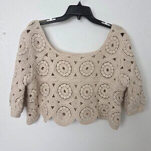 Vintage Style Crochet Medallion Short Top Cottagecore Bohemian Beige Women L